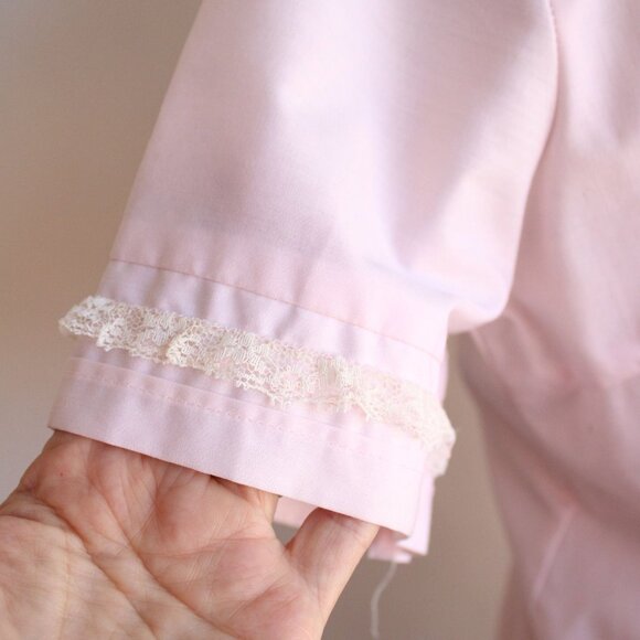 Vintage 1960s Blouse, Pink Cotton Tuxedo Front with Ruffled Lace Trim and Nehru - Picture 6 of 10